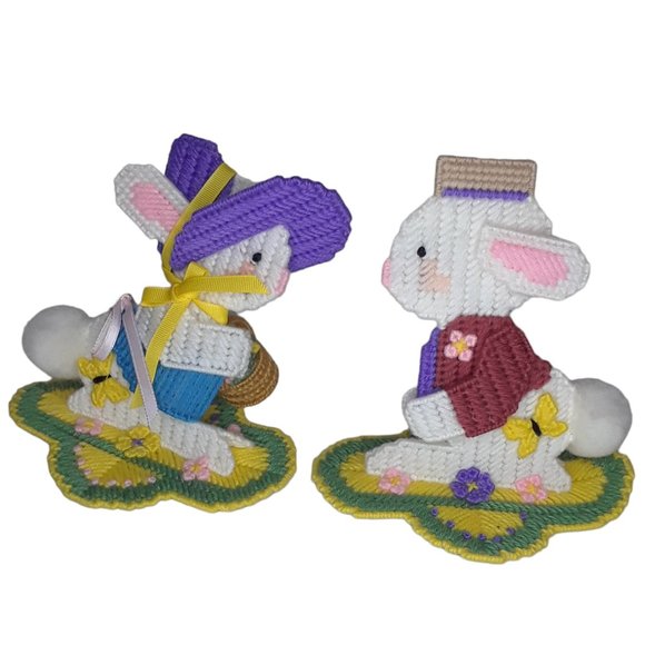 Easter Bunny Decor Vintage Cross stitch on Plastic Form Set of Two - Picture 1 of 7